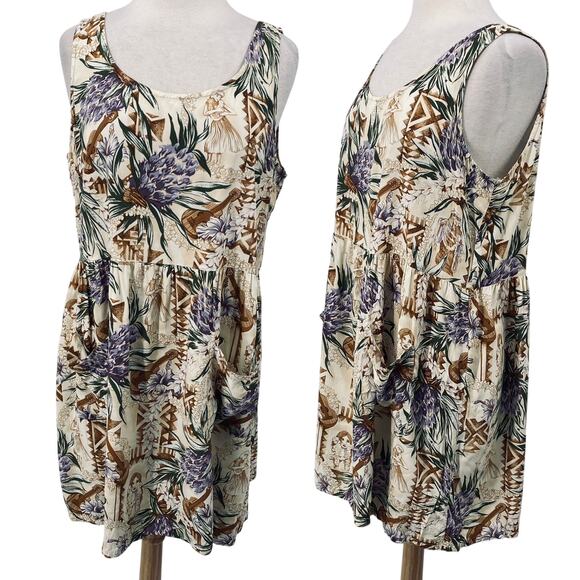 Vintage 90s Hawaiian Print Mini Dress Hula Girl Ukulele Pockets Babydoll 16 XL - Picture 1 of 8